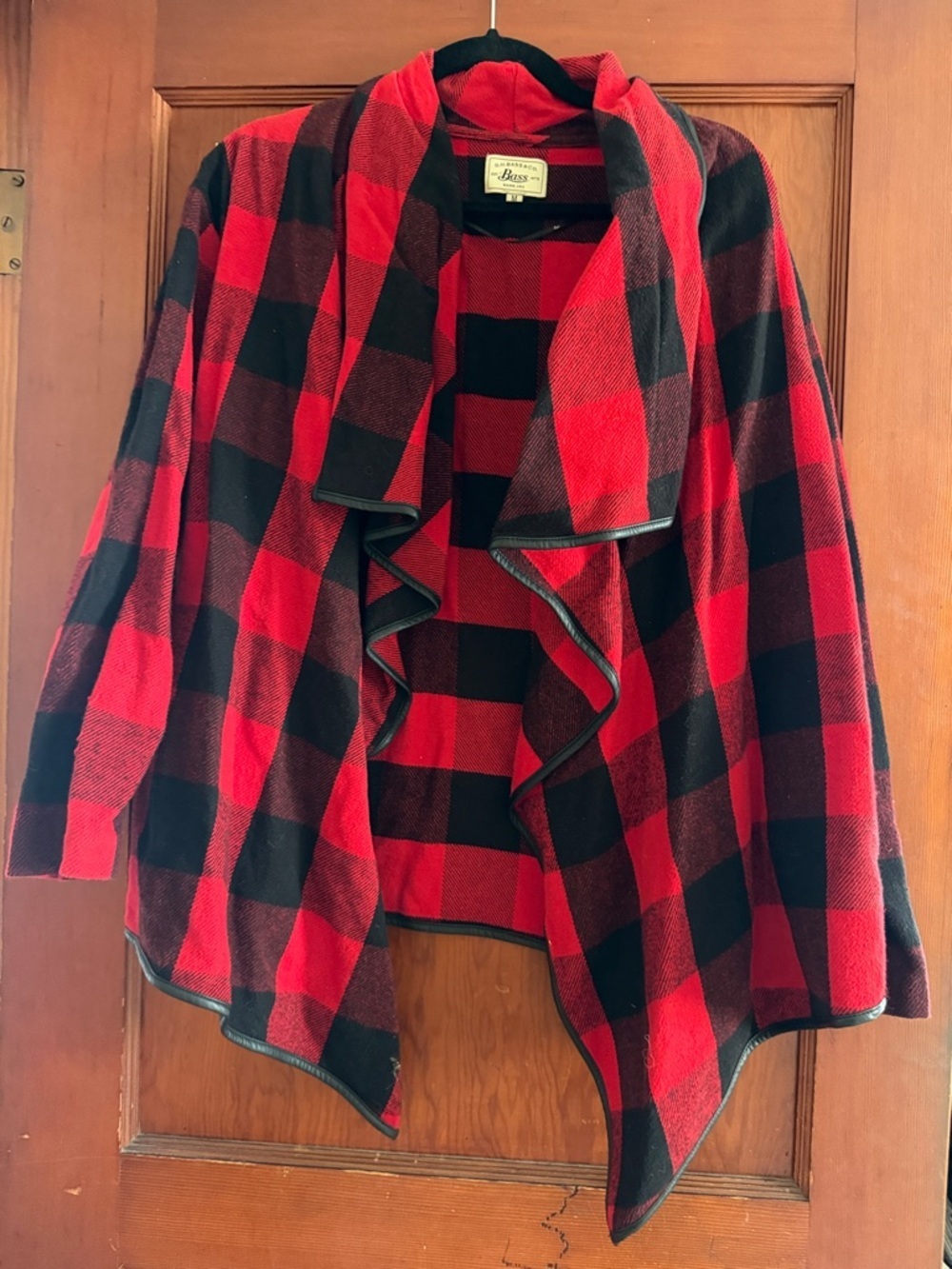 G.H. Bass & Co. Red and Black Buffalo Plaid Draped Open Trench Coat